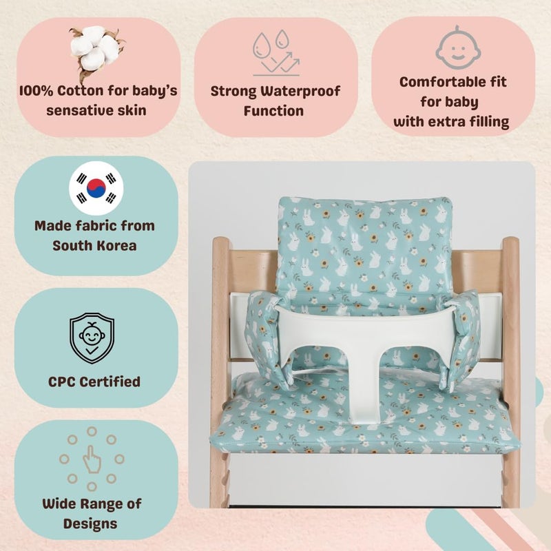 Gembebe Waterproof & Compatible Stokke Tripp Trapp Cushion Set for Newborn Baby - Easy to Clean Stokke Tripp Trapp Newborn Set - 100% Cotton Stokke High Chair Cushion Set (Mint Bunny / 49.5 Counts) - Image 2